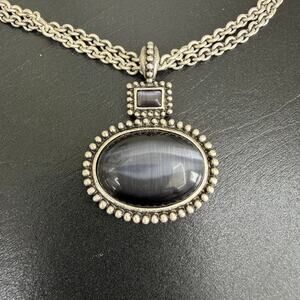 Vintage Faux Black Onyx Necklace  Framed Beaded Detailing & Multi Strand Chain